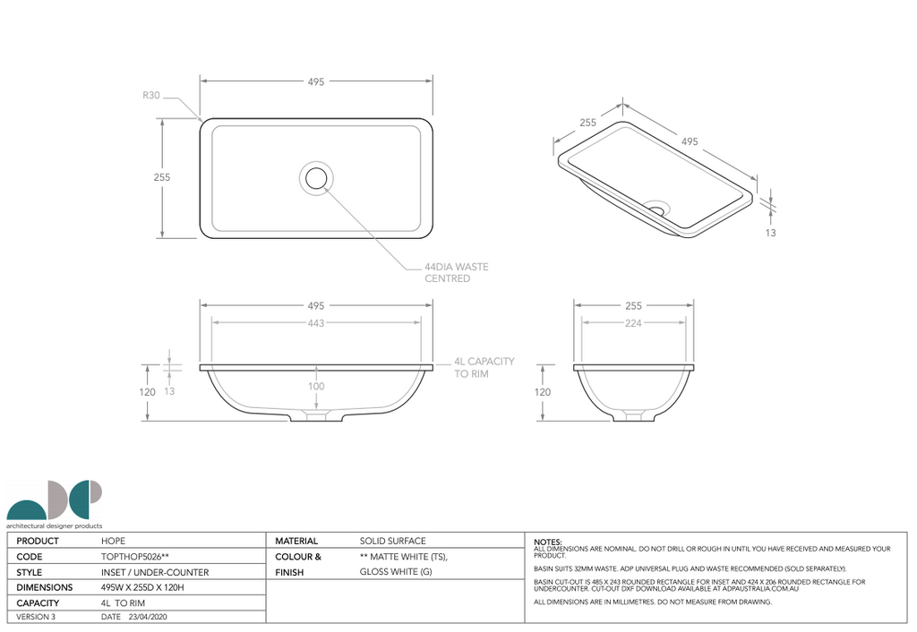 ADP Hope Solid Surface Under Counter Basin - Matte White - Wellsons