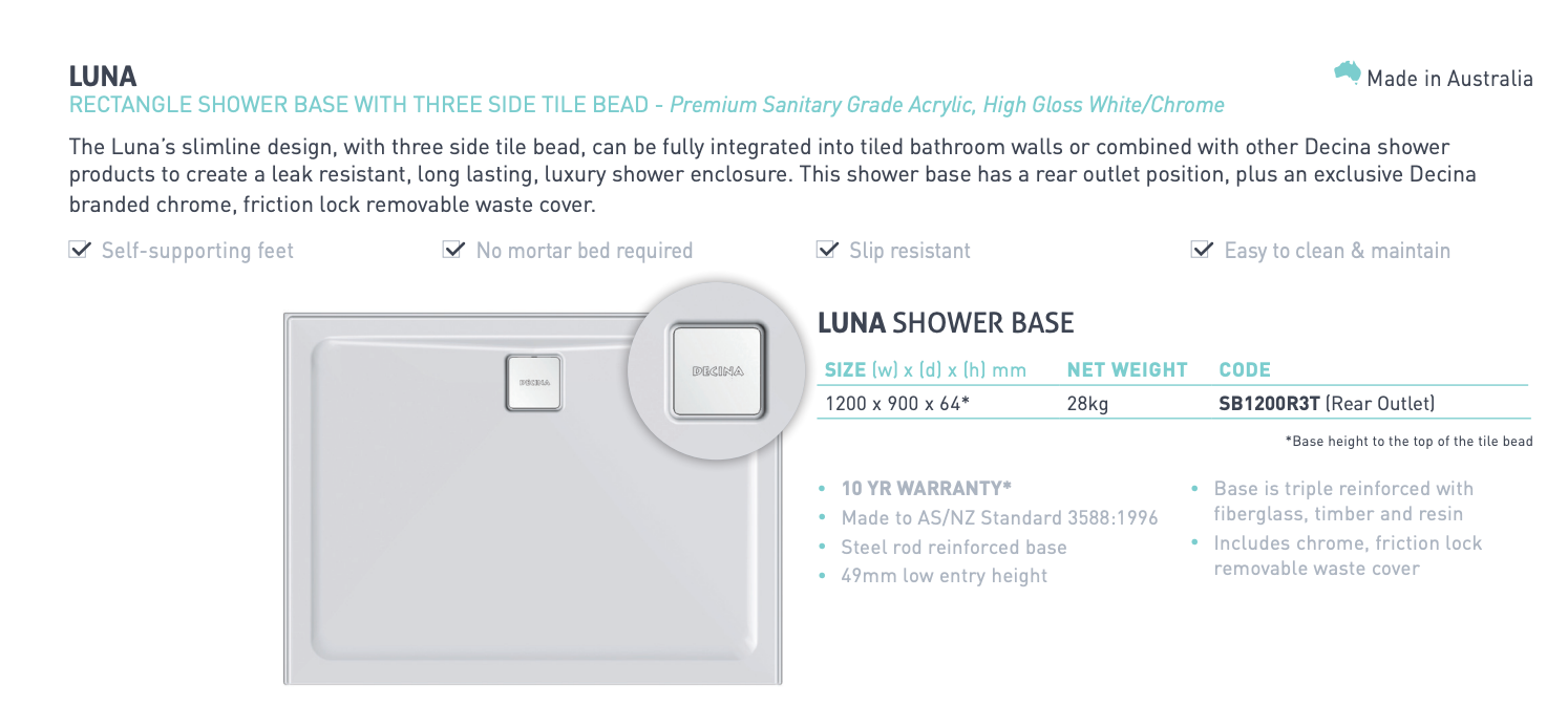 Decina Luna 1200mm Rear Waste Shower Base – Wellsons