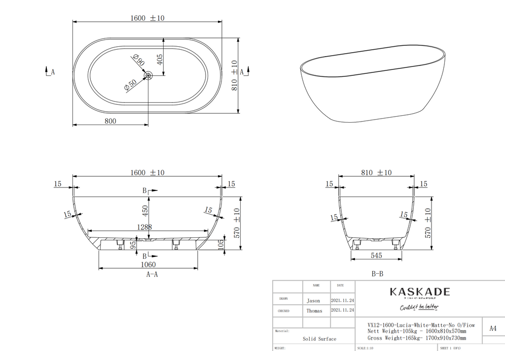 Kaskade Lucia Freestanding Stone Bath 1600mm - Matte White