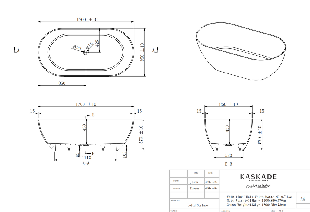 Kaskade Lucia Freestanding Stone Bath 1700mm - Matte White