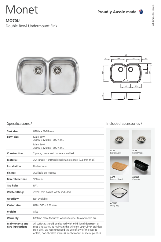 Oliveri Monet Double Bowl Undermount Sink