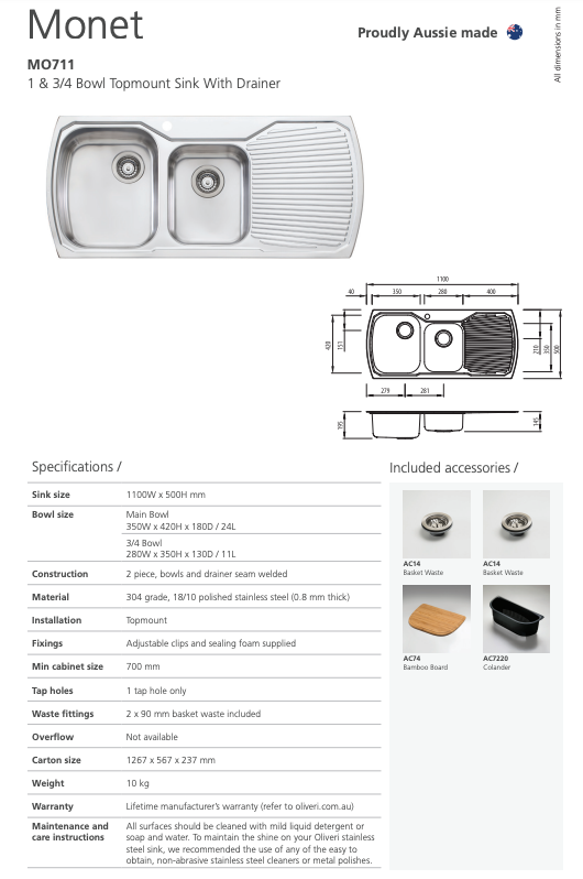 Oliveri Monet 1 & 3/4 Bowl Topmount Sink With Drainer