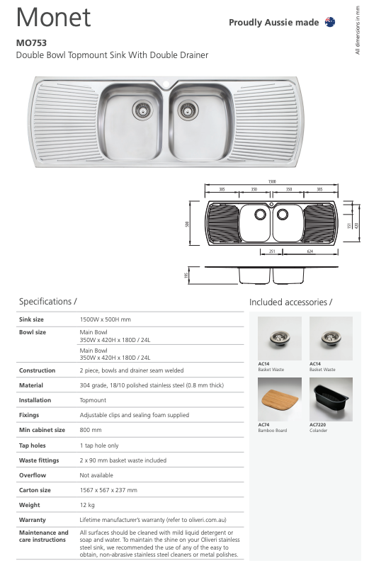 Oliveri Monet Double Bowl Topmount Sink with Double Drainer