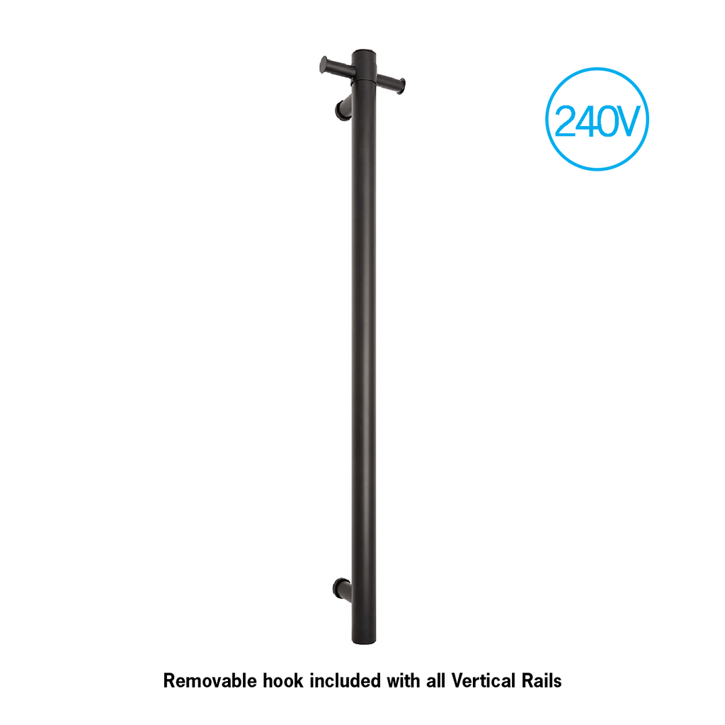 Thermogroup 240V Straight Round Vertical Single Bar Heated Towel Rail - Matte Black