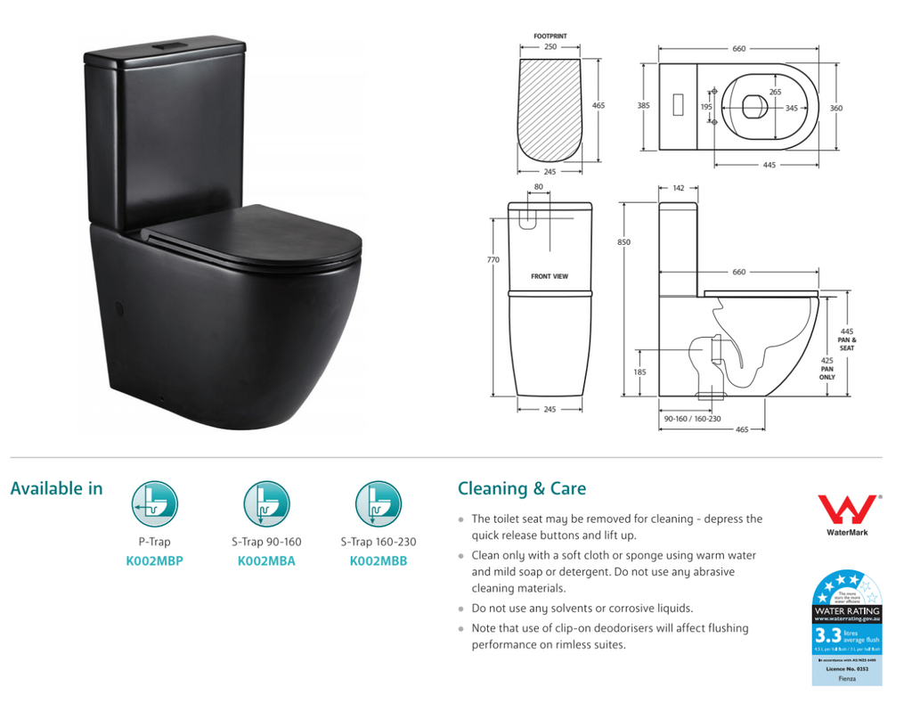 Fienza Koko Tornado Slim Seat Back-to-Wall Suite - Matte Black