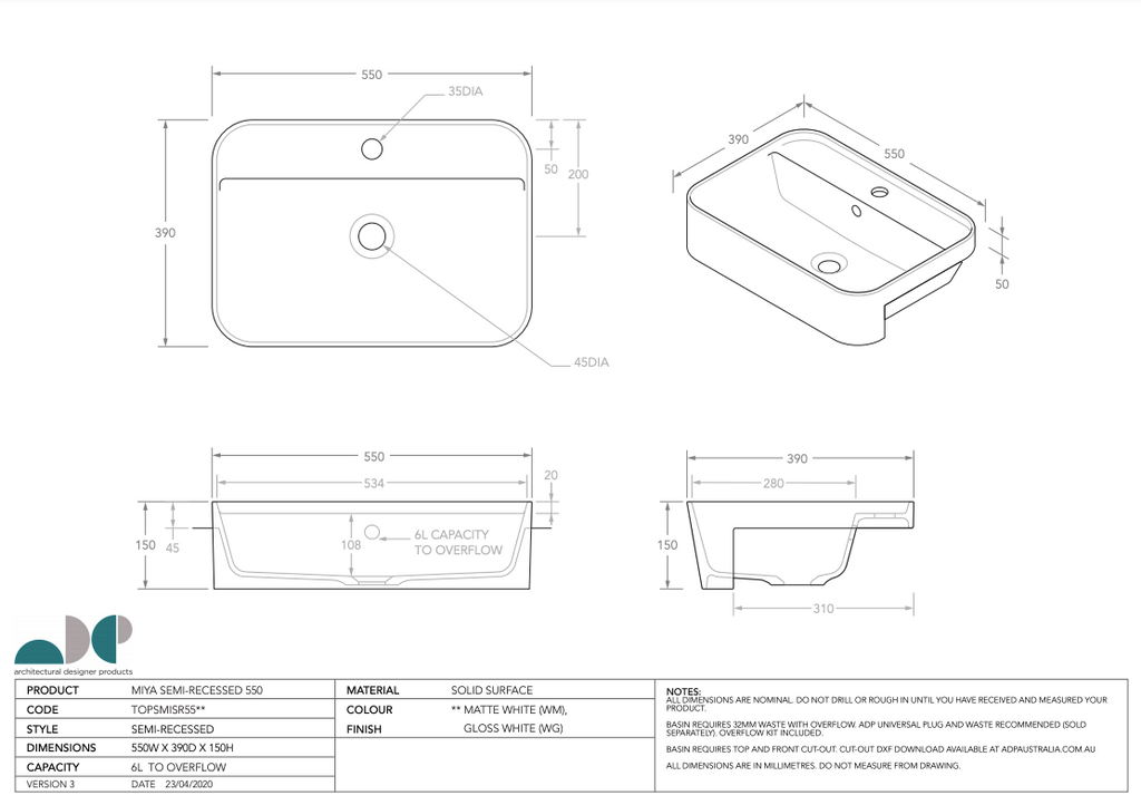 ADP Miya 550 Semi-Recessed Basin - Matte White - Wellsons