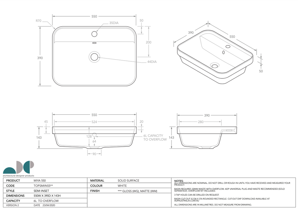 ADP Miya 550 Solid Surface Semi-Inset Basin - Matte White - Wellsons