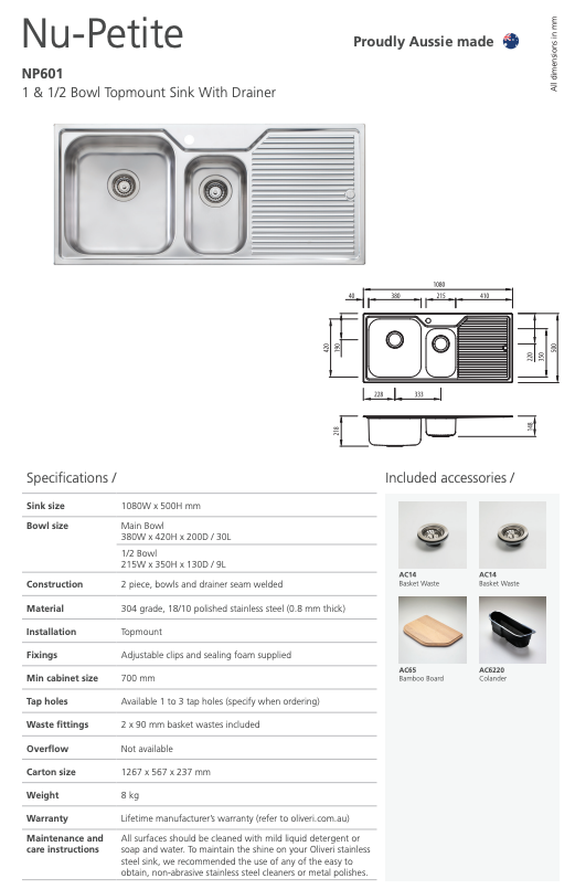 Oliveri Nu-Petite 1 & 1/2 Bowl Topmount Sink With Drainer