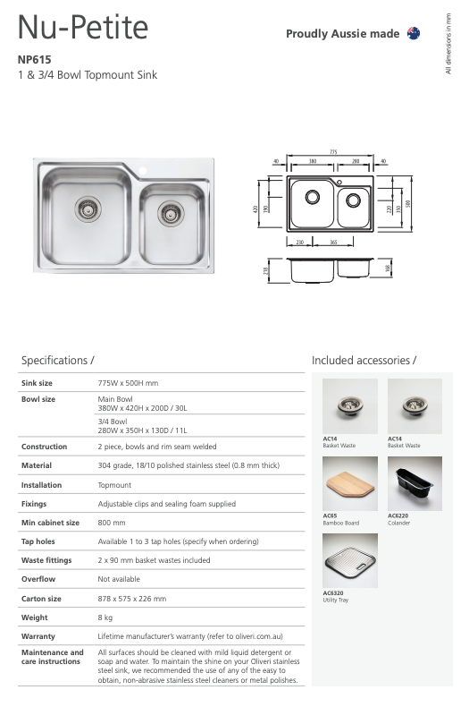 Oliveri Nu-Petite 1 & 3/4 Bowl Topmount Sink