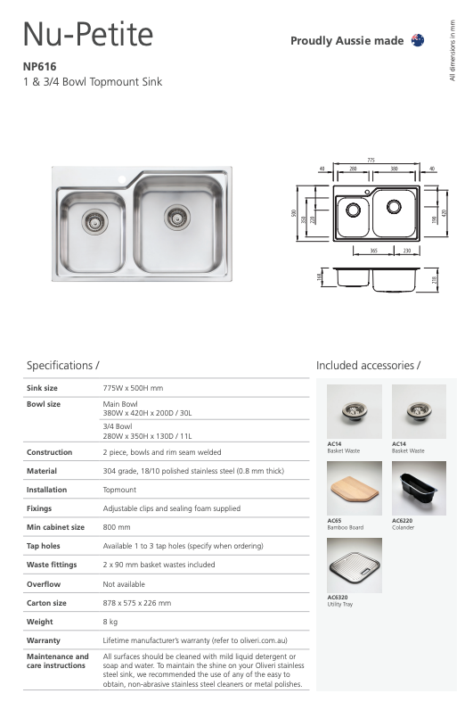 Oliveri Nu-Petite 1 & 3/4 Bowl Topmount Sink