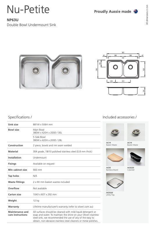 Oliveri Nu-Petite Main & 5-Side Bowl Undermount Sink