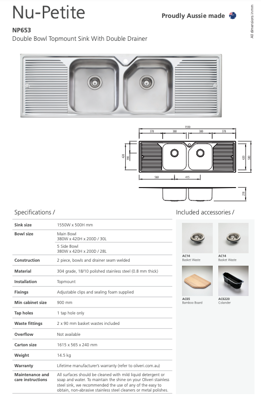 Oliveri Nu-Petite Double Bowl Topmount Sink with Double Drainer