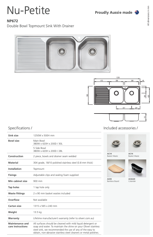 Oliveri Nu-Petite Double Bowl Topmount Sink with Drainer