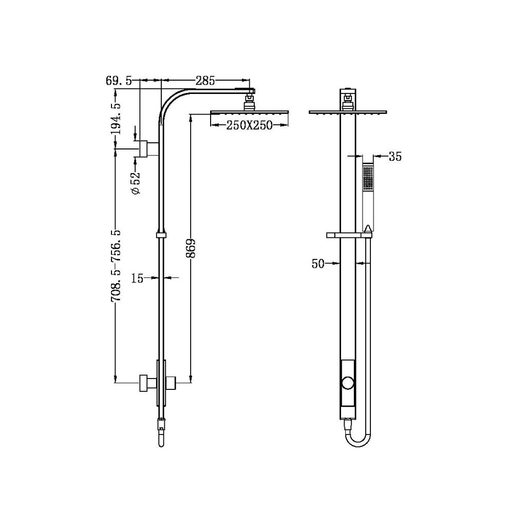 Nero Rain Square Overhead Shower and Handshower on Column Single Hose - Matte Black - Wellsons