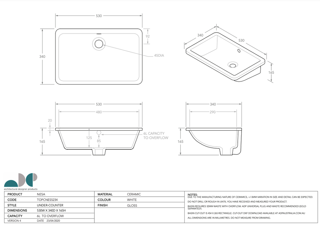 ADP Nesa Under Counter Basin - Gloss White - Wellsons