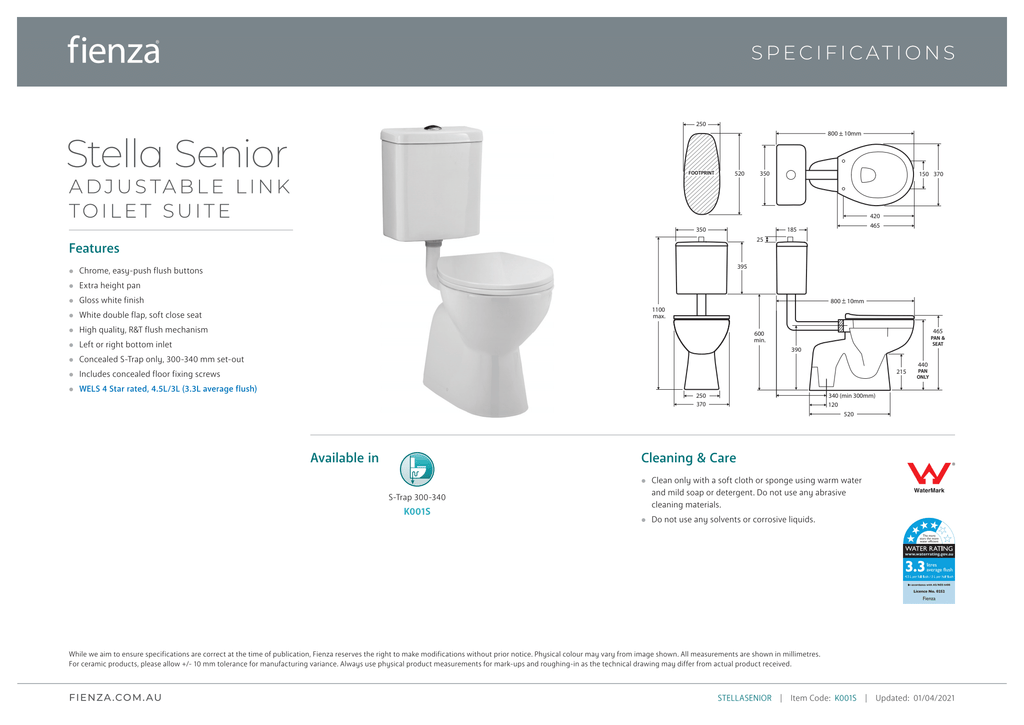 Fienza Stella Senior Adjustable Link Suite - Wellsons