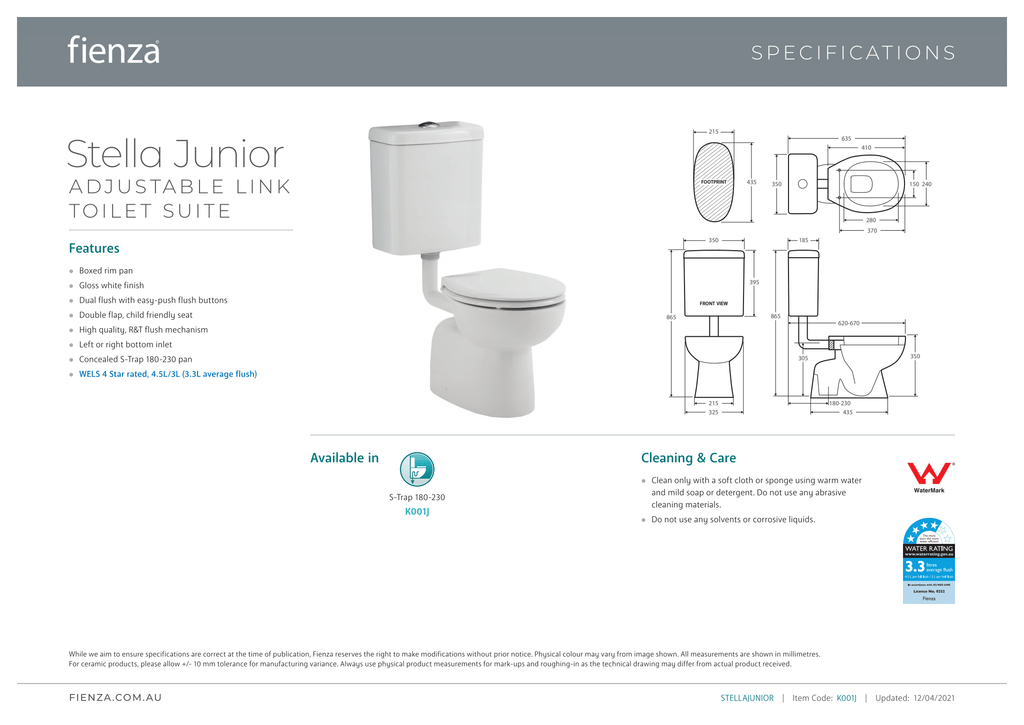Fienza Stella Junior Adjustable Link Suite - Wellsons