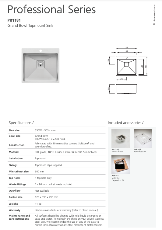 Oliveri Professional Series Single Grand Bowl Topmount Sink