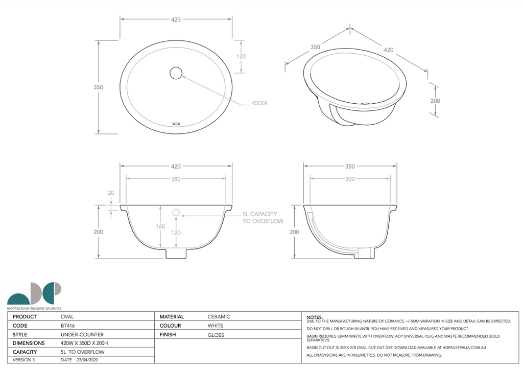 ADP Oval Under Counter Basin - Gloss White - Wellsons