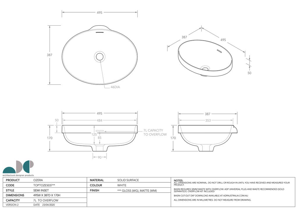 ADP Ozera Semi Inset Solid Surface Basin - Matte White - Wellsons