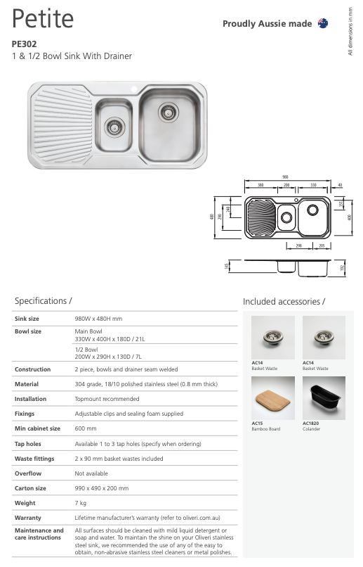 Oliveri Petite 1 & 1/2 Bowl Sink With Drainer