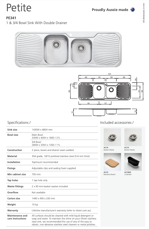 Oliveri Petite 1 & 3/4 Bowl Sink With Double Drainer