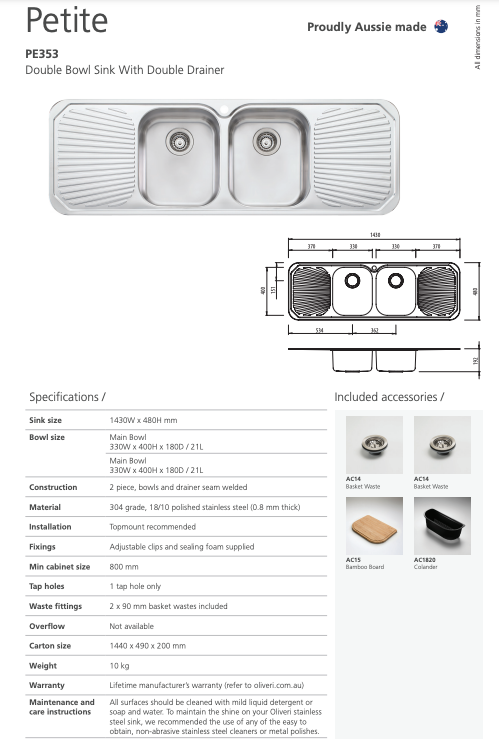 Oliveri Petite Double Bowl Sink With Double Drainer