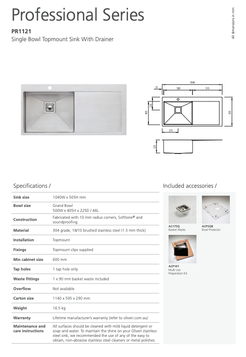 Oliveri Professional Series Single Bowl Sink with Drainer