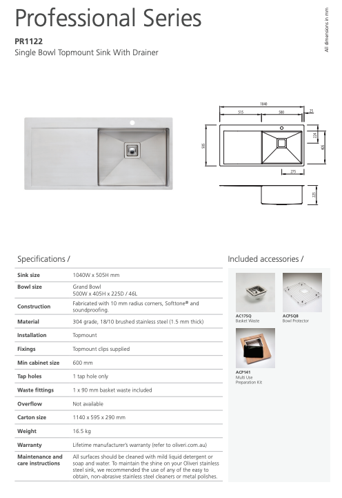 Oliveri Professional Series Single Bowl Sink with Drainer