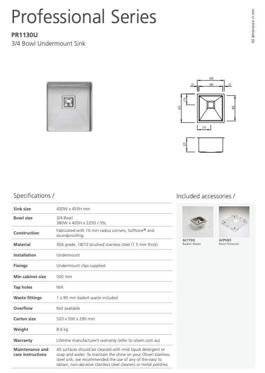 Oliveri Professional Series Single Grand Bowl Undermount Sink & Single Standard Bowl Undermount Sink