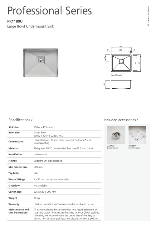Oliveri Professional Series Single Grand Bowl Undermount Sink & Single ½ Bowl Undermount Sink