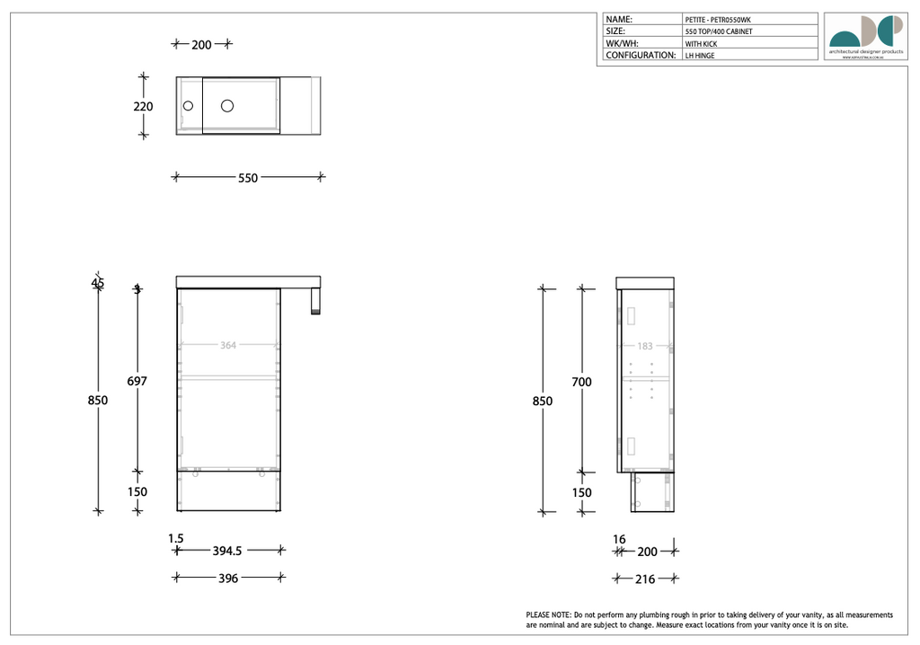 ADP Petite Rail Vanity with Kickboard - Wellsons