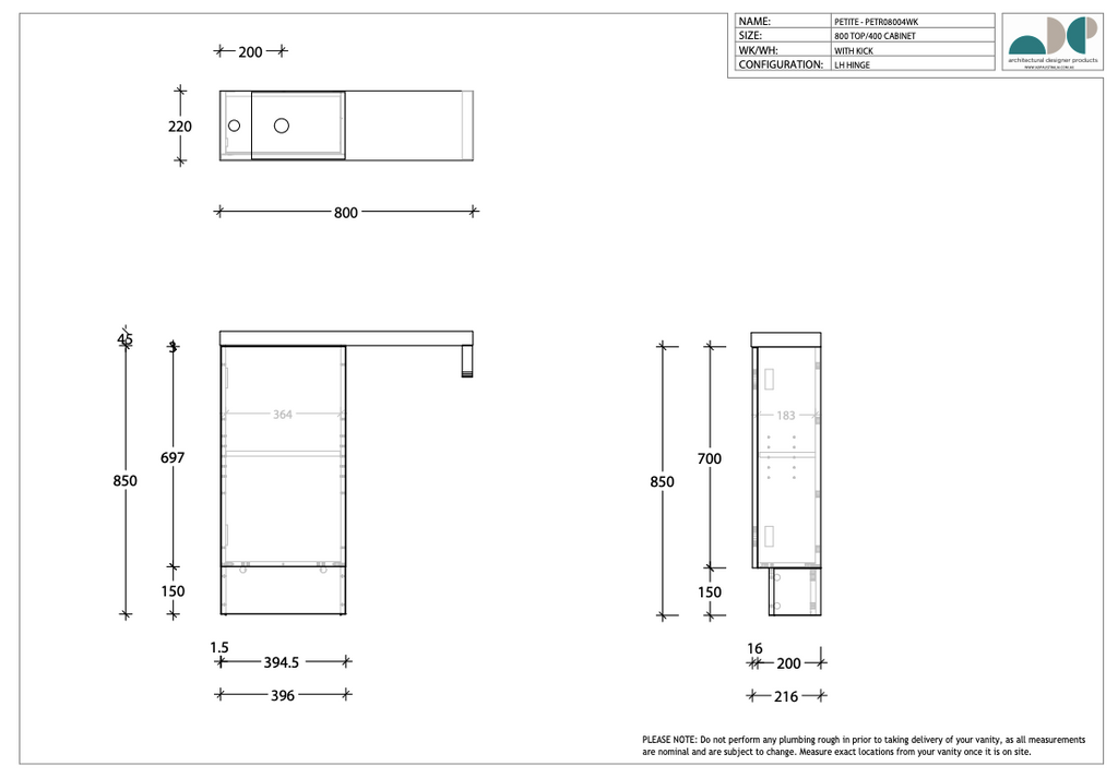 ADP Petite Rail Vanity with Kickboard - Wellsons