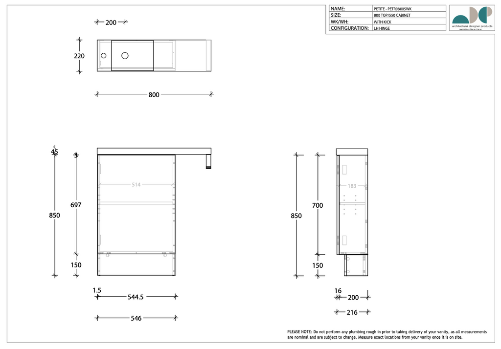 ADP Petite Rail Vanity with Kickboard - Wellsons
