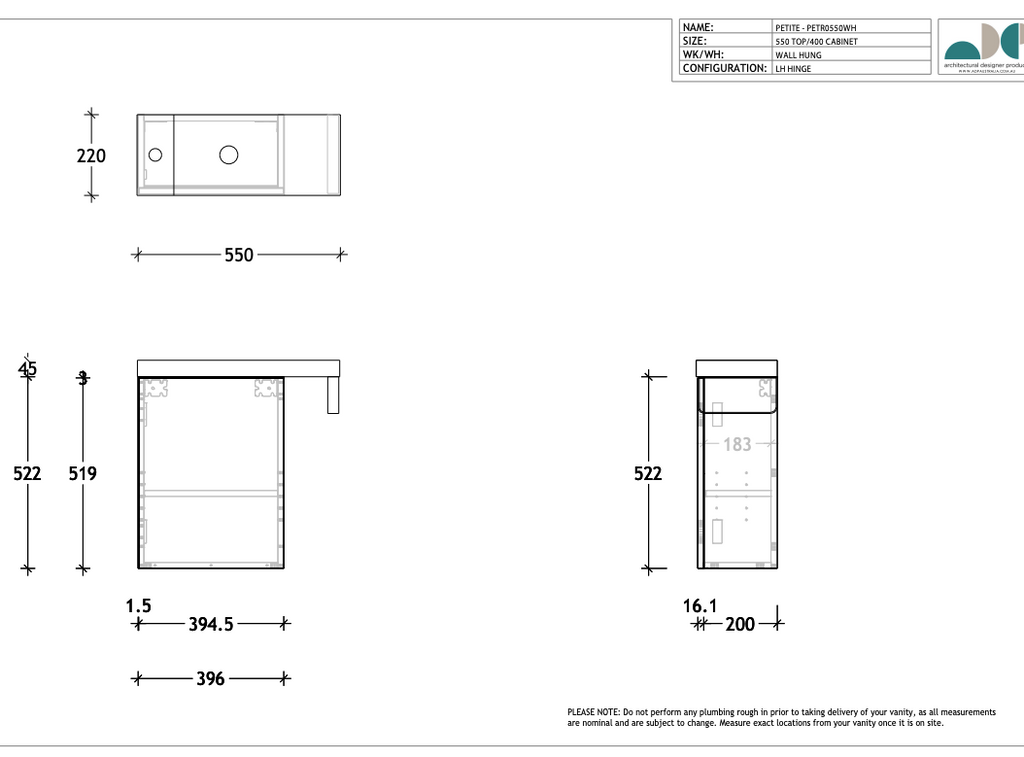 ADP Petite Rail Wall Hung Vanity - Wellsons