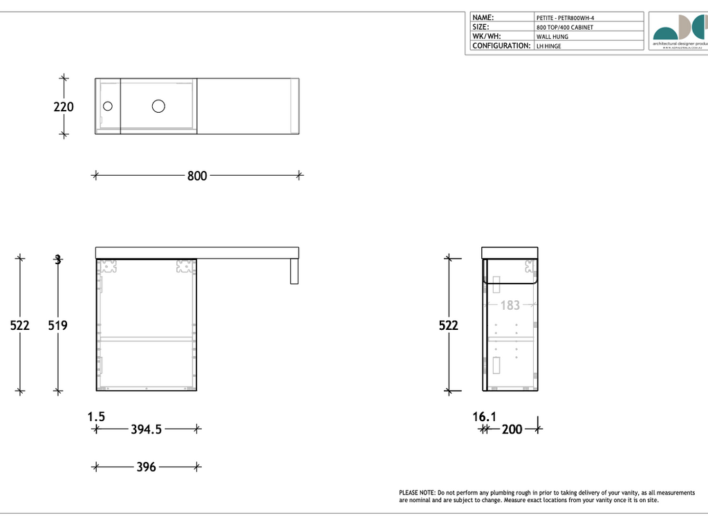 ADP Petite Rail Wall Hung Vanity - Wellsons
