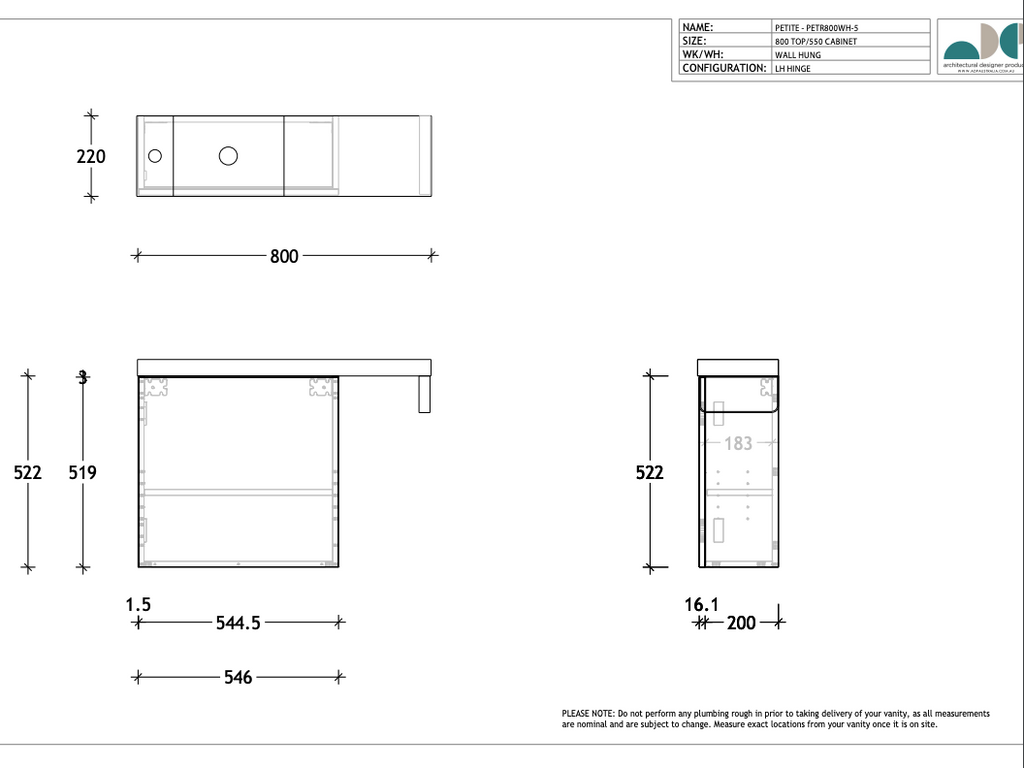 ADP Petite Rail Wall Hung Vanity - Wellsons