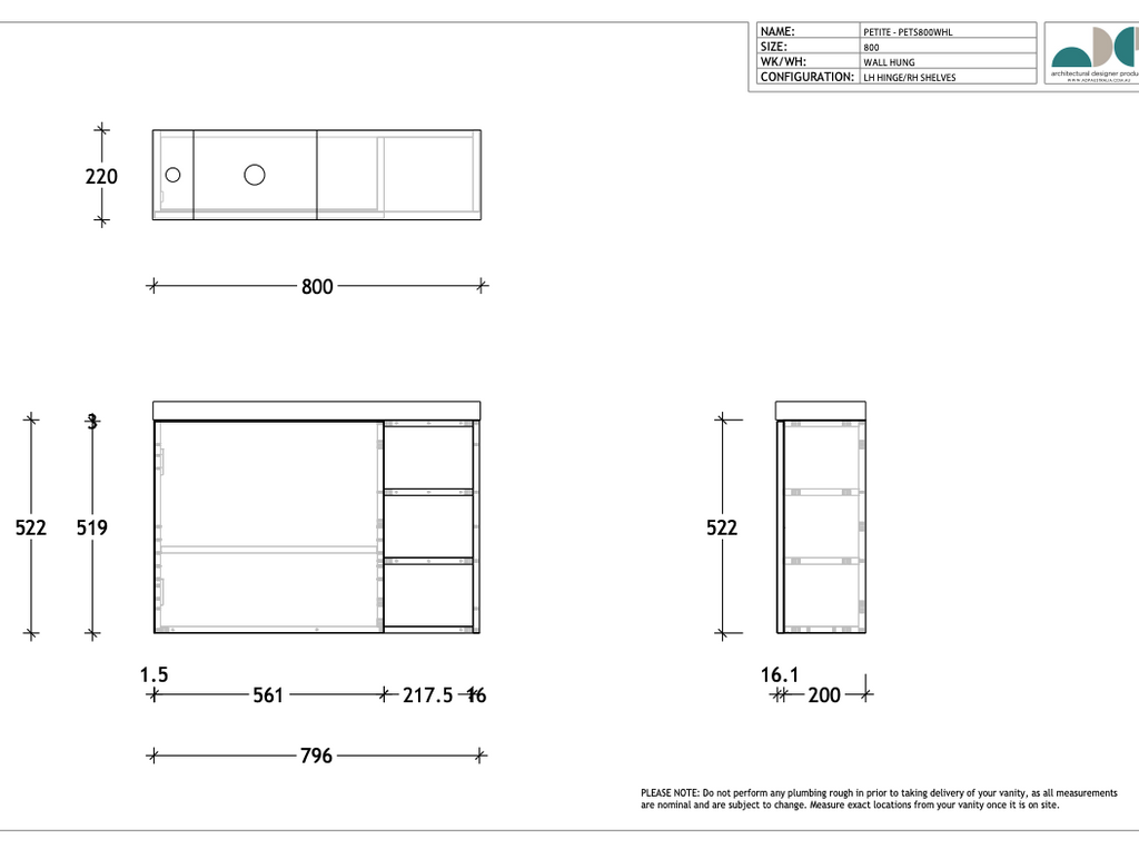 ADP Petite Shelf Wall Hung Vanity - Wellsons