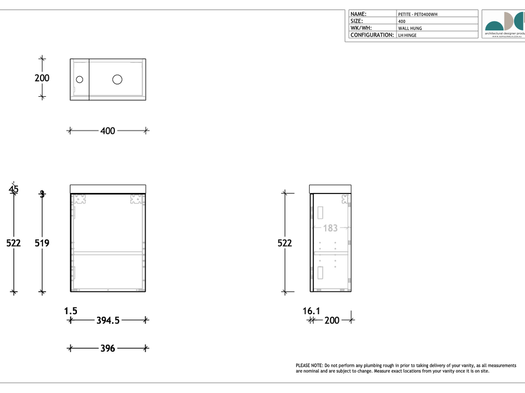ADP Petite Wall Hung Vanity - Wellsons