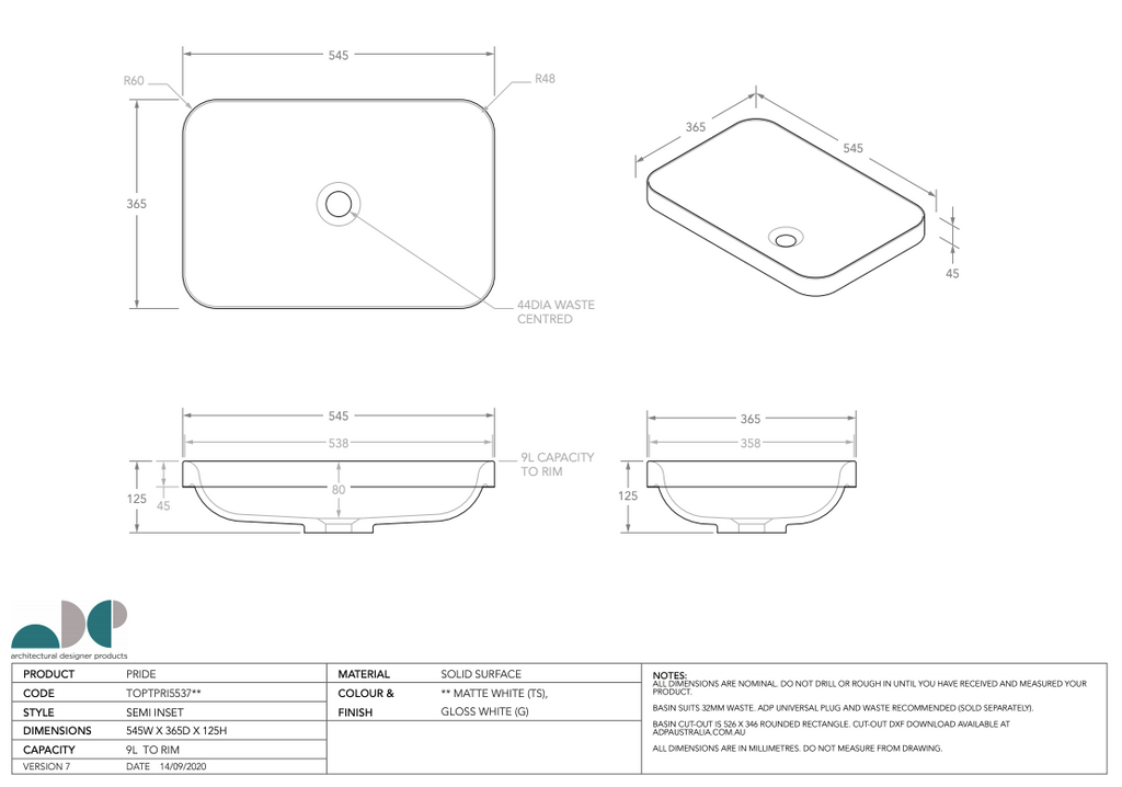 ADP Pride Solid Surface Semi-Inset Basin - Gloss White - Wellsons