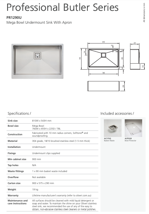 Oliveri Professional Butler Series Mega Bowl Sink With Apron