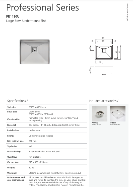 Oliveri Professional Series Single Grand Bowl Undermount Sink