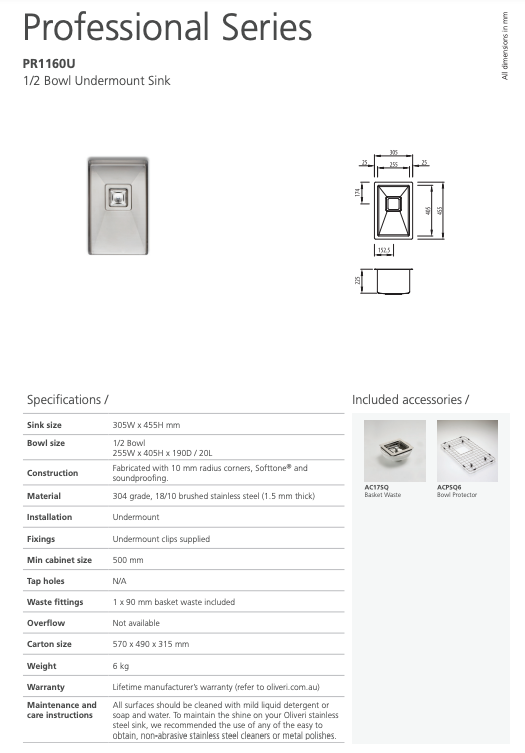 Oliveri Professional Series Single ½ Bowl Undermount Sink