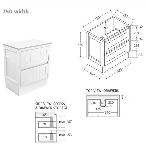 Fienza Rotondo Hampton Vanity with Kickboard 750mm - 1200mm - Satin White - Wellsons