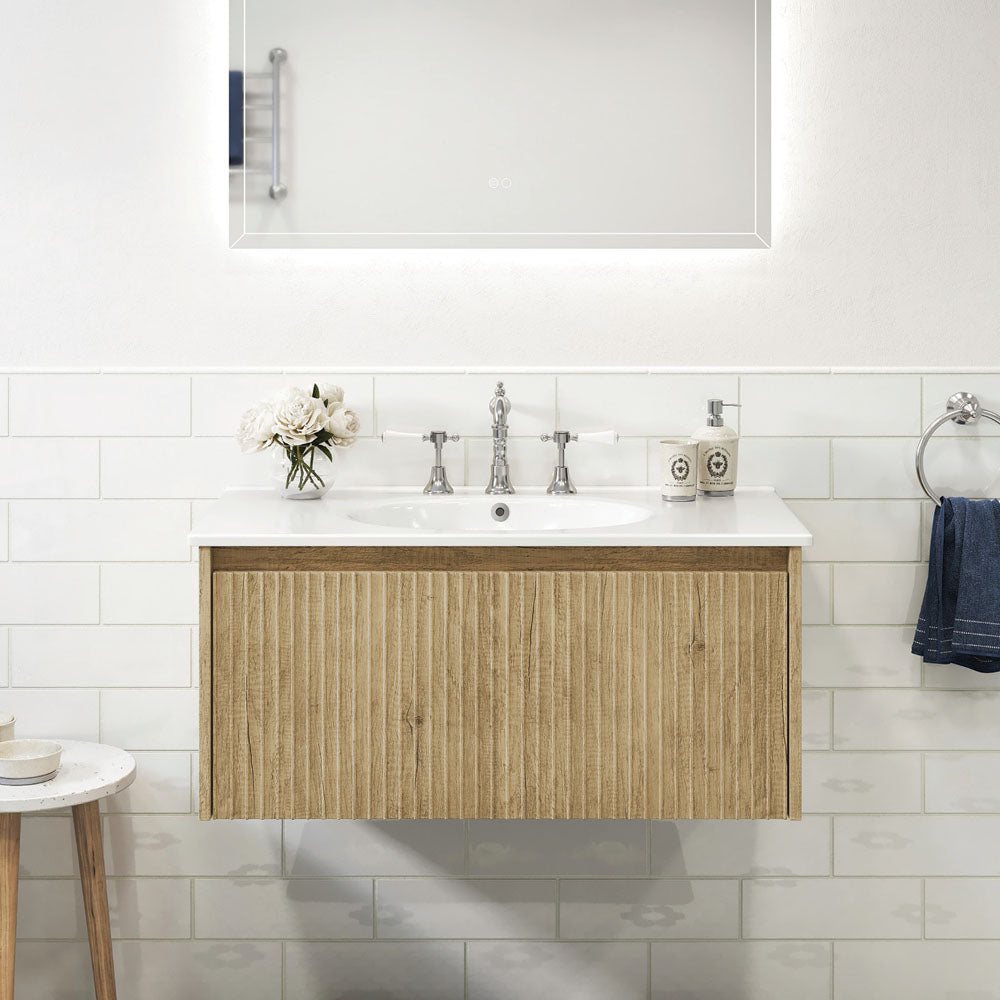 Fienza Alina Rotondo Ceramic moulded Basin Top Wall hung Vanity - Scandi Oak