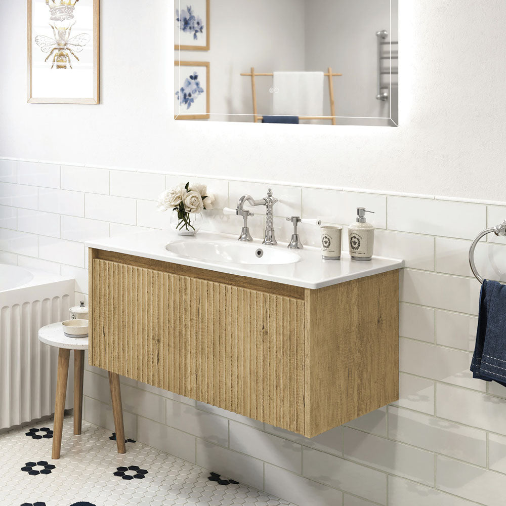 Fienza Alina Rotondo Ceramic moulded Basin Top Wall hung Vanity - Scandi Oak