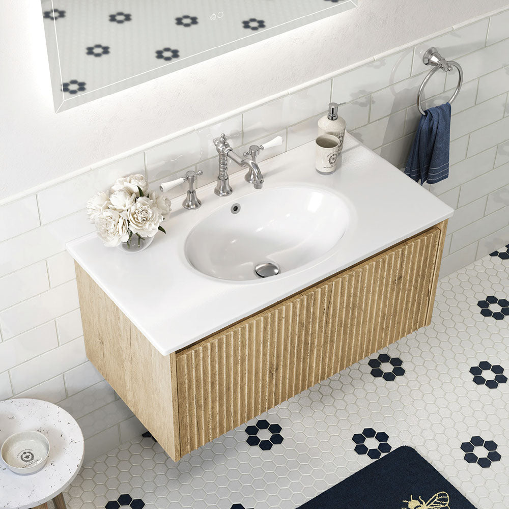Fienza Alina Rotondo Ceramic moulded Basin Top Wall hung Vanity - Scandi Oak