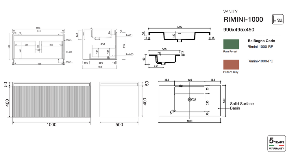 Belbagno Rimini Wall Hung Vanity - Clay