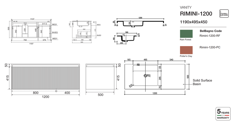 Belbagno Rimini Wall Hung Vanity - Clay