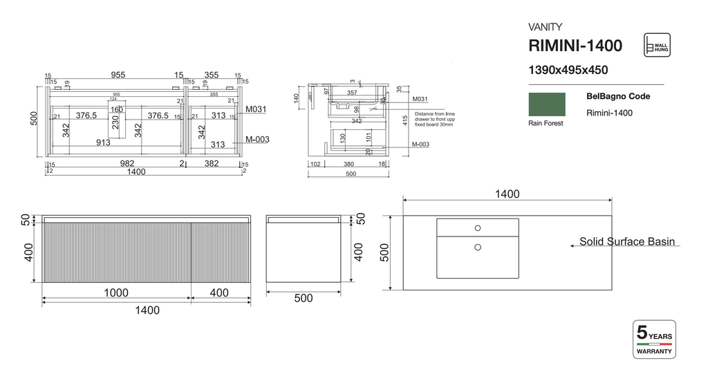 Belbagno Rimini Wall Hung Vanity - Rainforest